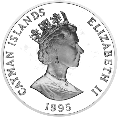 1995 Zilā iguāna Kaimanu salas 1 dolāra sudraba monēta (2)