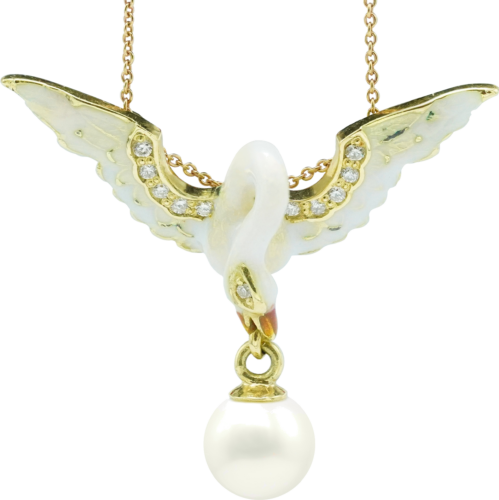 A sculptural swan necklace with Limoges enamel, diamonds, and a pearl (2)