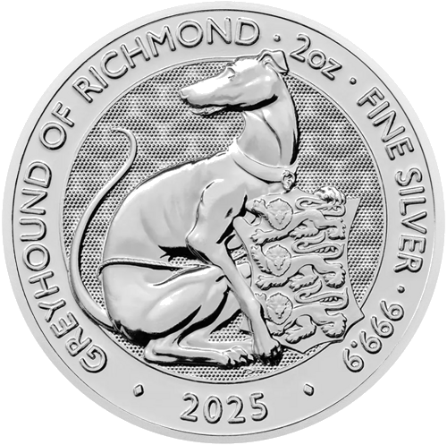 2025 United Kingdom Royal Tudor Beasts: Greyhound of Richmond 2 oz Silver Coin (1)