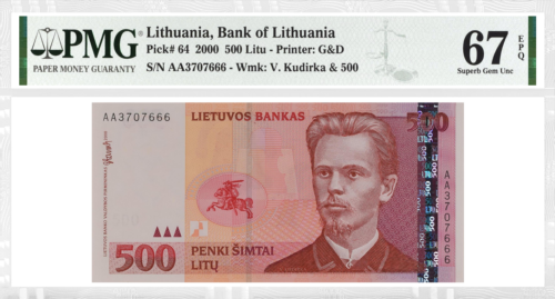 2000 Lietuva 500 litu banknote PMG GEM UNC 67 (1)