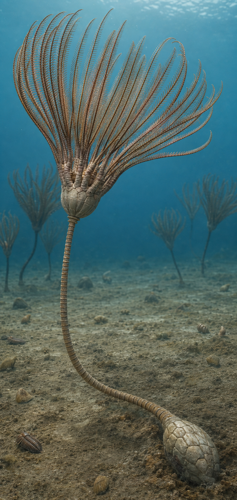 Jūrų lelijos Scyphocrinites elegans fosilija, Marokas, vėlyvasis Silūras, apie 420 mln. metų. (3)