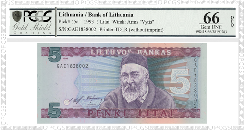 1993 Lietuva 5 litų banknotas PCGS GEM UNC 66 (1)