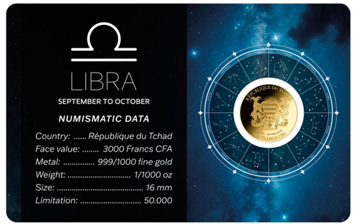 1/1000 oz Libra (Zodiac Series) 3000 Francs Chad gold coin (2)