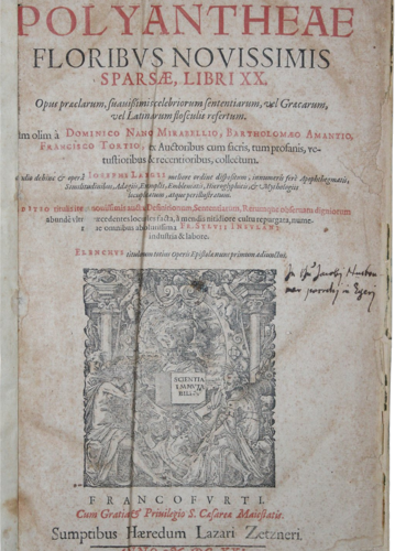 Antikvarinė knyga „Florilegii Magni seu Polyantheae Floribus Novissimis“. Tomus I (1621 m., Frankfurtas prie Maino) (1)