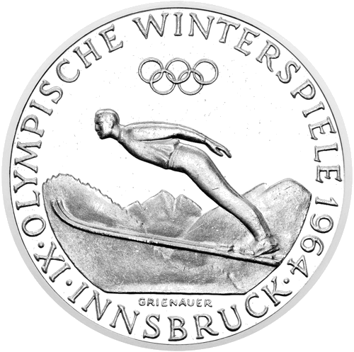 50 šiliņu Ziemas olimpiskās spēles 1964 Austrija sudraba monēta (1)