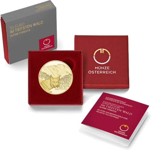 2021 Алпийски съкровища (Алпийски гори) Австрия 50 евро 1/4 oz златна монета с качество proof (3)