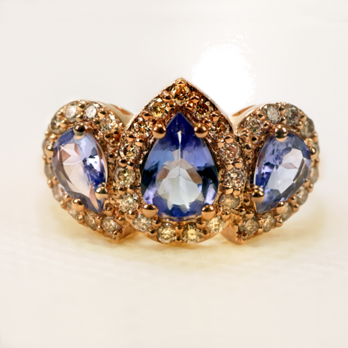 Rose gold ring with 3 Tanzanites (1.80 ct) and 35 natural Diamonds (0.50 ct) / VS1-SI1 (2)