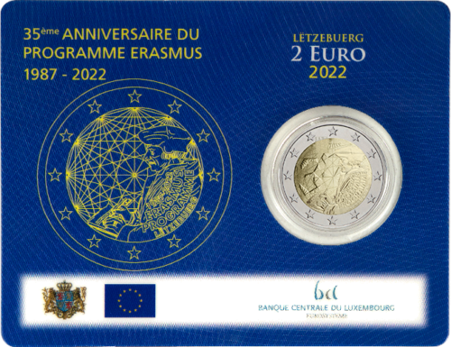 2022 Люксембург 35-летие программы Erasmus BU монета 2 евро на карте (1)