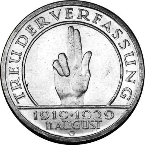 5 рейхсмарок 1929 Веймарская конституция Германия серебряная монета (2)
