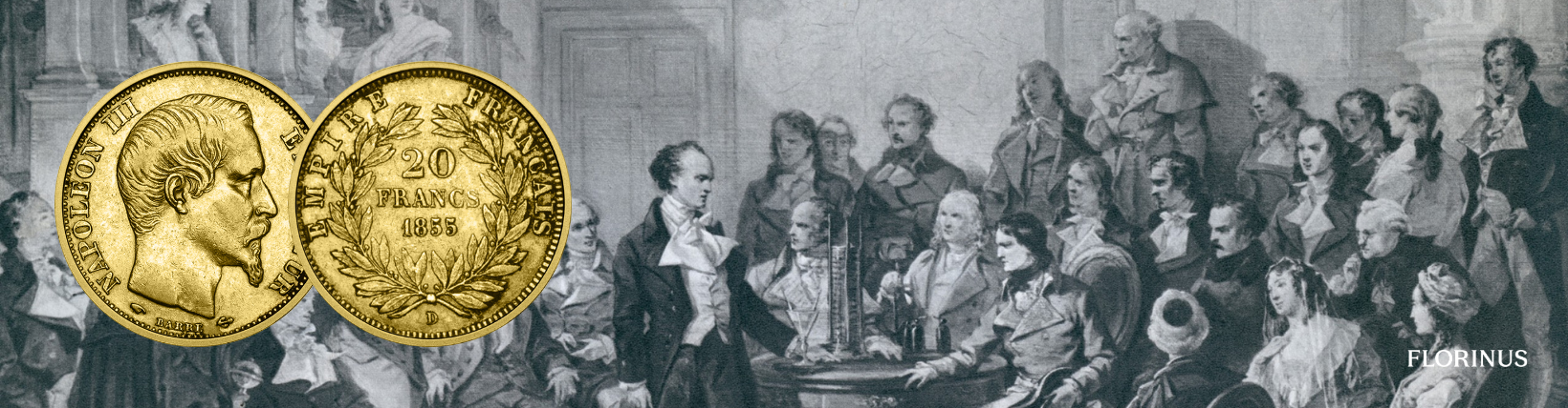 Prancūzijos 20 frankų auksinė moneta su Napoleono III portretu be vainiko averso pusėje, reverse – nominalas, nukaldinimo metai, laurų vainikas ir užrašas „Empire Français“, briaunoje – „Dieu protège la France“.