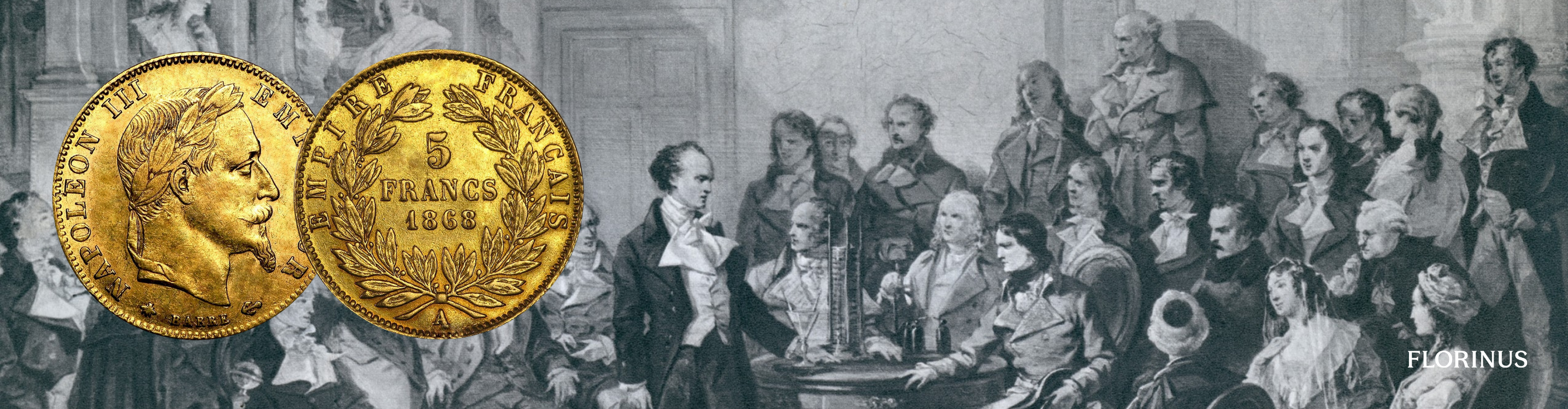 Prancūzijos 5 frankų auksinė moneta su Napoleono III atvaizdu ir vainiku averso pusėje, reverse – nominalas, nukaldinimo metai, laurų vainikas ir užrašas „Empire Français“.