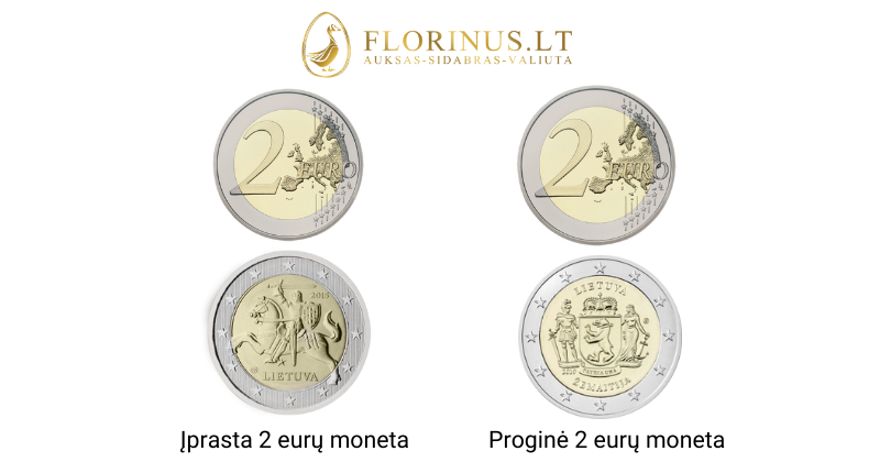 įprastos ir proginės monetos palyginimas