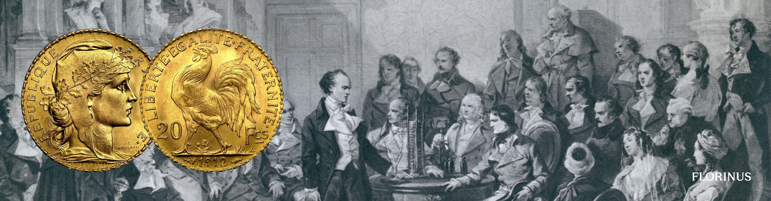 Prancūzijos 20 frankų aukso moneta su Marianne atvaizdu averso pusėje ir Gaidžiu reverse. Užrašai „République Française“, „Liberté, Égalité, Fraternité“, nominalas 20 Fcs ir nukaldinimo metai. Briaunoje – patriotiniai užrašai.