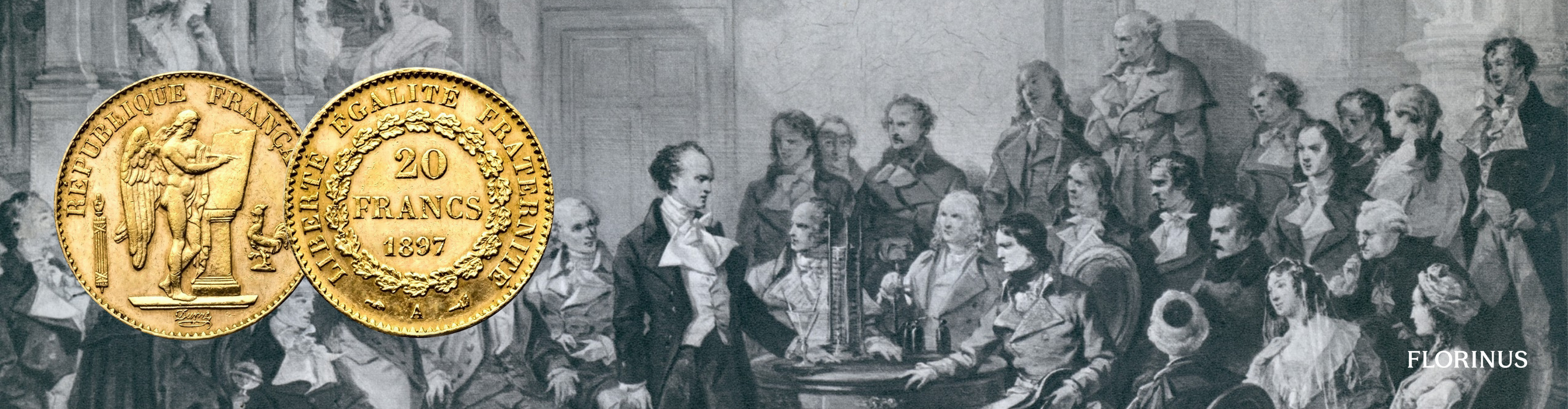 Prancūzijos 20 frankų auksinė „Laimės Angelo“ moneta – averse pavaizduotas angelas rašantis konstituciją, gaidys ir fasces simboliai, reverse – nominalas, laurų vainikas ir žodžiai „Liberté, Égalité, Fraternité“, briaunoje – užrašas „Dieu protège la France“.
